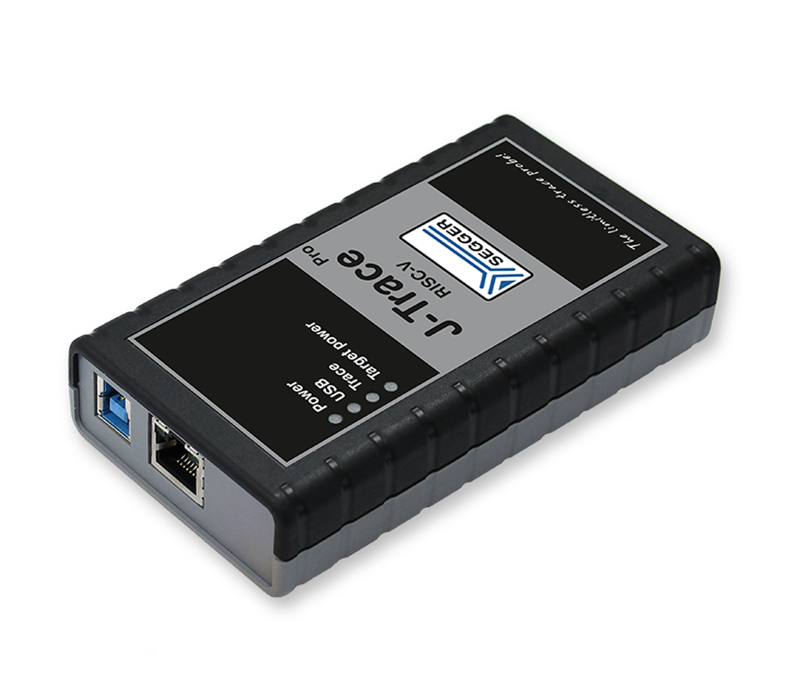 J-Trace PRO RISC-V A compact electronic device with multiple connection ports, labeled "J-Tag Pro" and "Segger". It features a black and gray design with a textured surface, indicating its purpose for debugging or programming electronic systems.