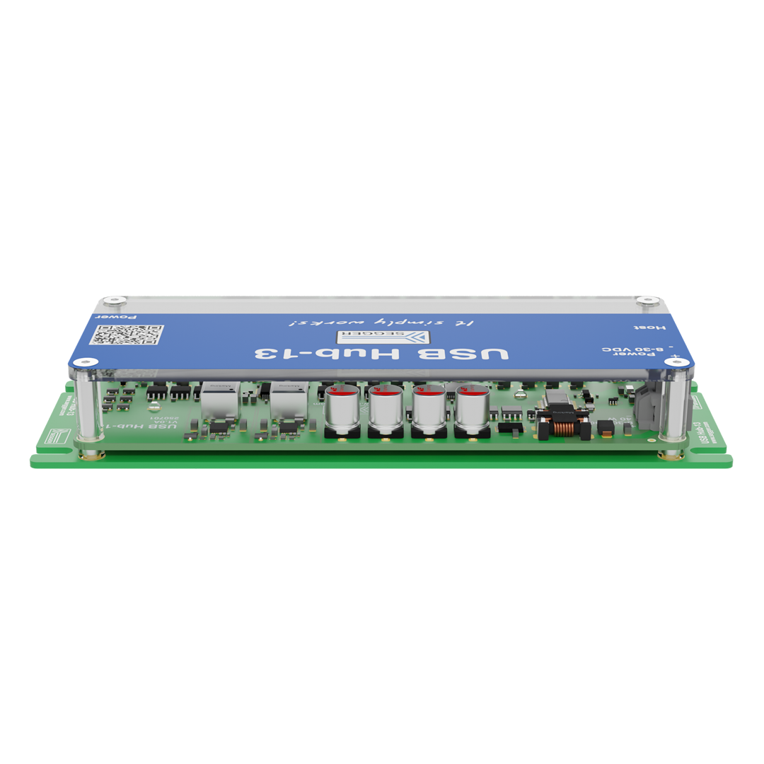 A USB hub with a blue top marked "USB HUB-13." The device features four USB ports, a power button, and other electronic components on a green circuit board.