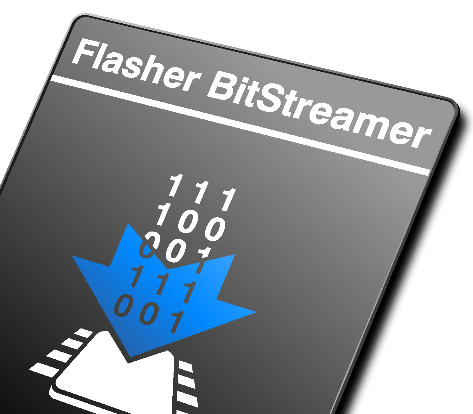 The image features a gray panel labeled "Flasher BitStreamer." Below, a large blue downward arrow points to a white rectangular shape, with binary numbers (111, 100, 001, 111, 001) cascading down. The design suggests data transfer or programming activity.