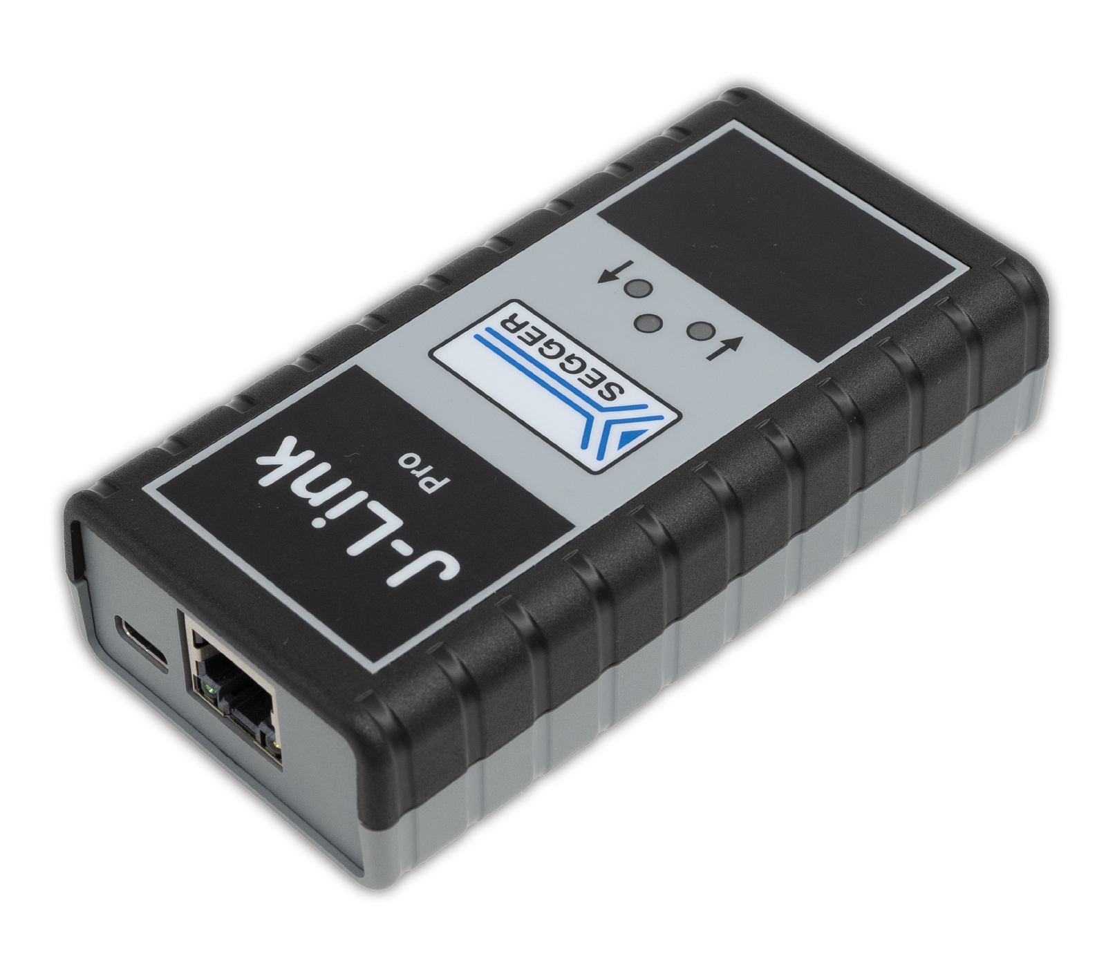 A small, rectangular electronic device with a textured black and gray casing. It has the label "J-Link Pro" on top, accompanied by arrows and a logo. The sides feature a USB-C port and an Ethernet port, indicating its use for device programming or debugging.